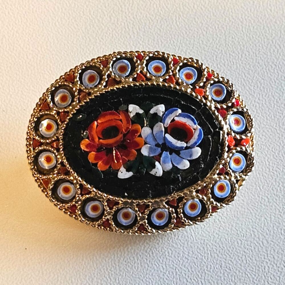 Vintage Millefiori Gold Mini Mosaic Red & Blue Floral Brooch